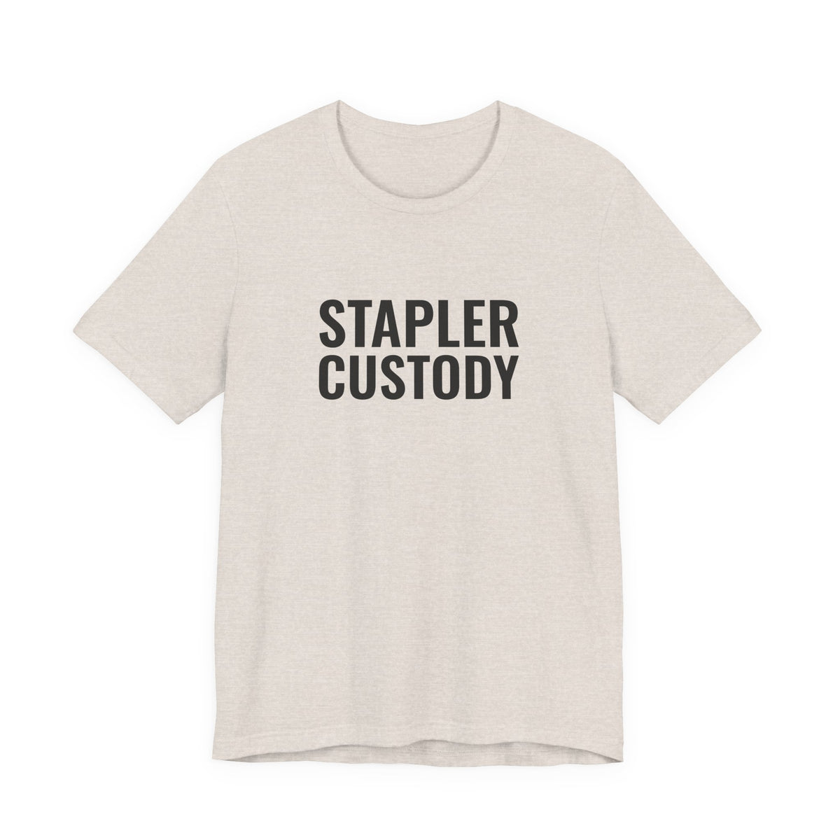 Heather dust “Stapler Custody” tee, shown from the front