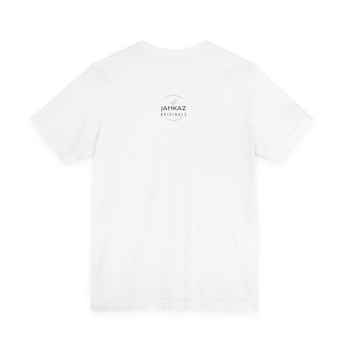 White “Stapler Custody” tee, back view with the upper-back logo