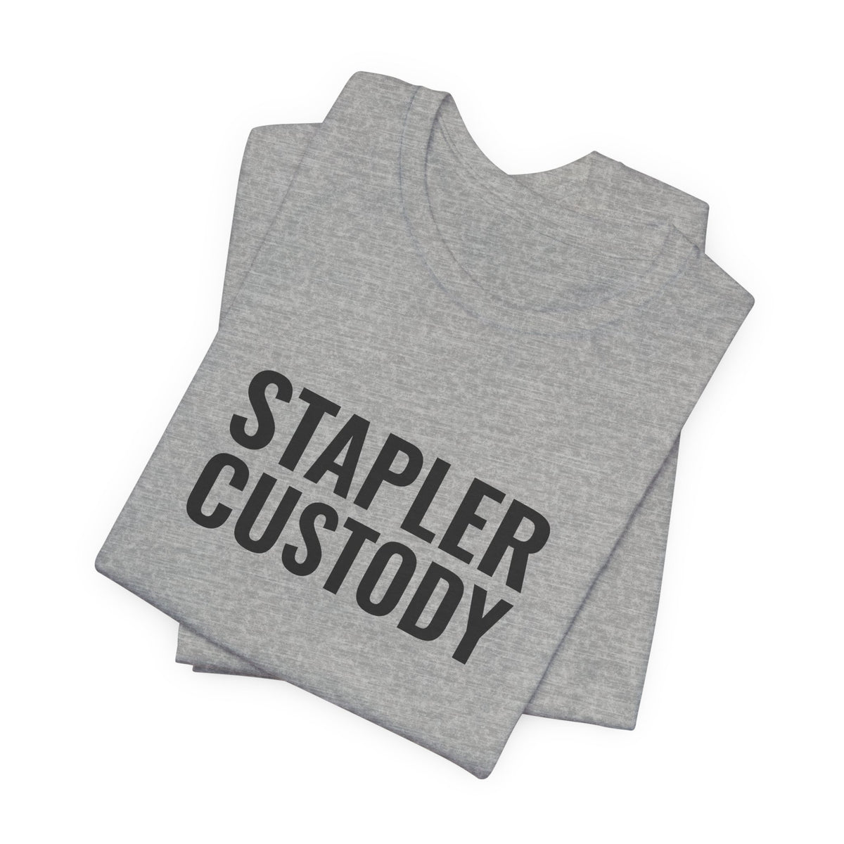The athletic heather “Stapler Custody” tee folded flat