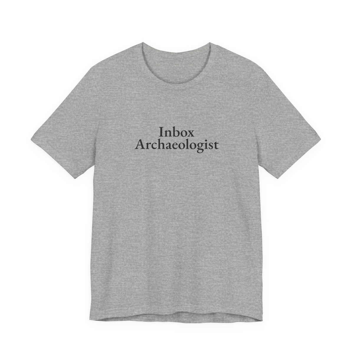 Athletic heather “Inbox Archaeologist” tee, shown from the front