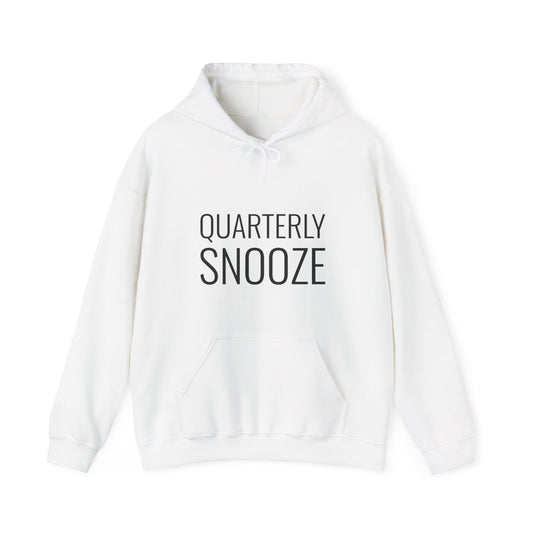 Front of the white “Quarterly Snooze” hoodie