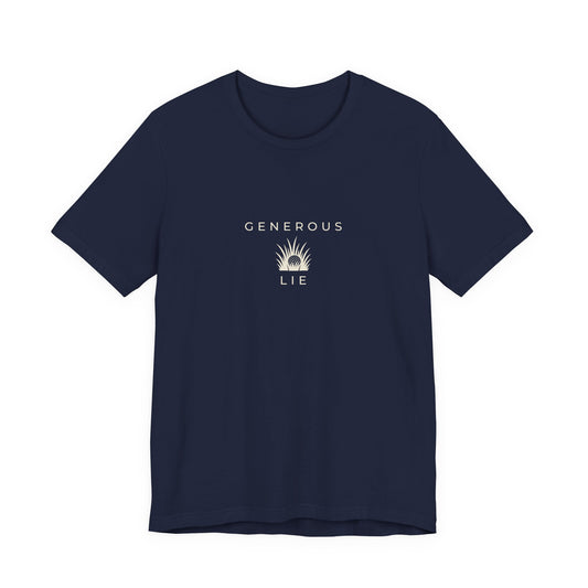 Navy “Generous Lie” golf tee, front view with the centre-chest print