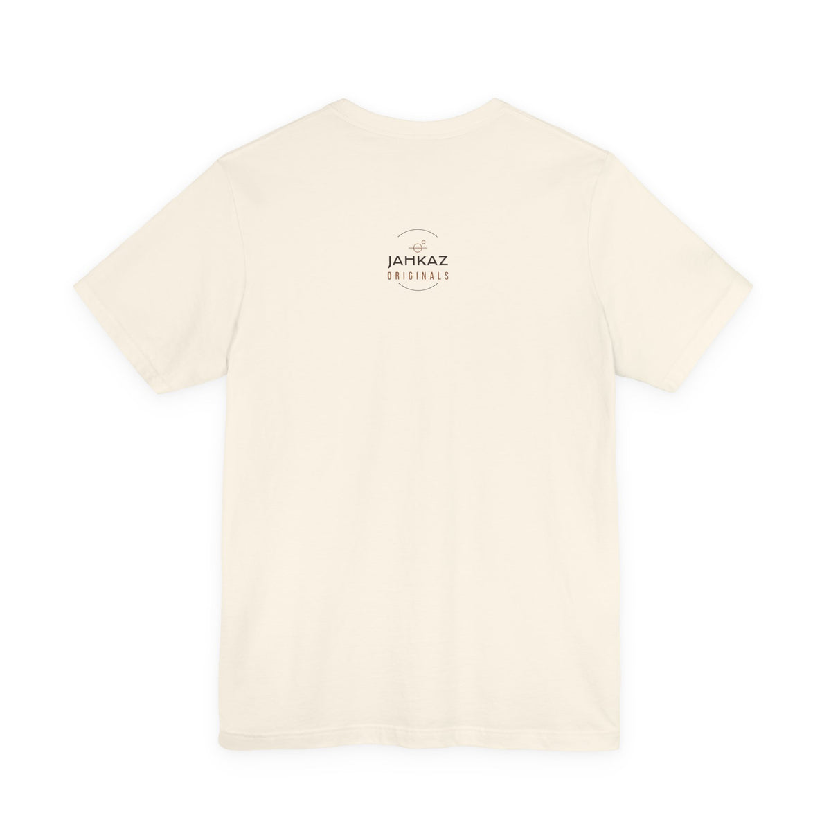 Rear of the natural “Stapler Custody” tee with the Jahkaz Originals neck logo
