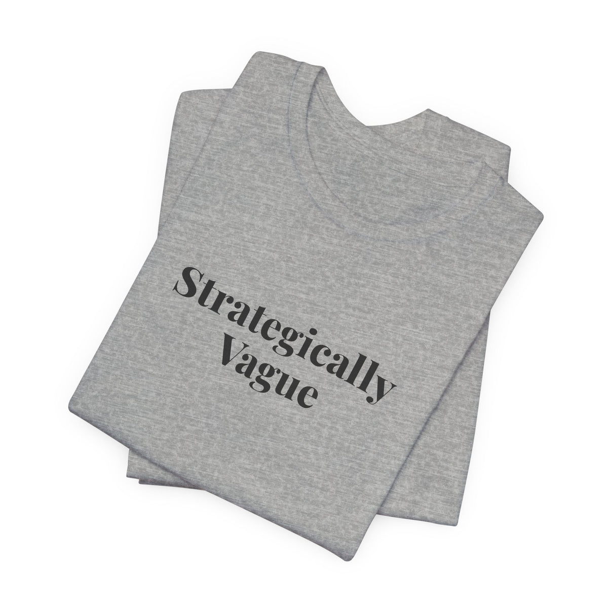 The athletic heather “Strategically Vague” tee folded flat