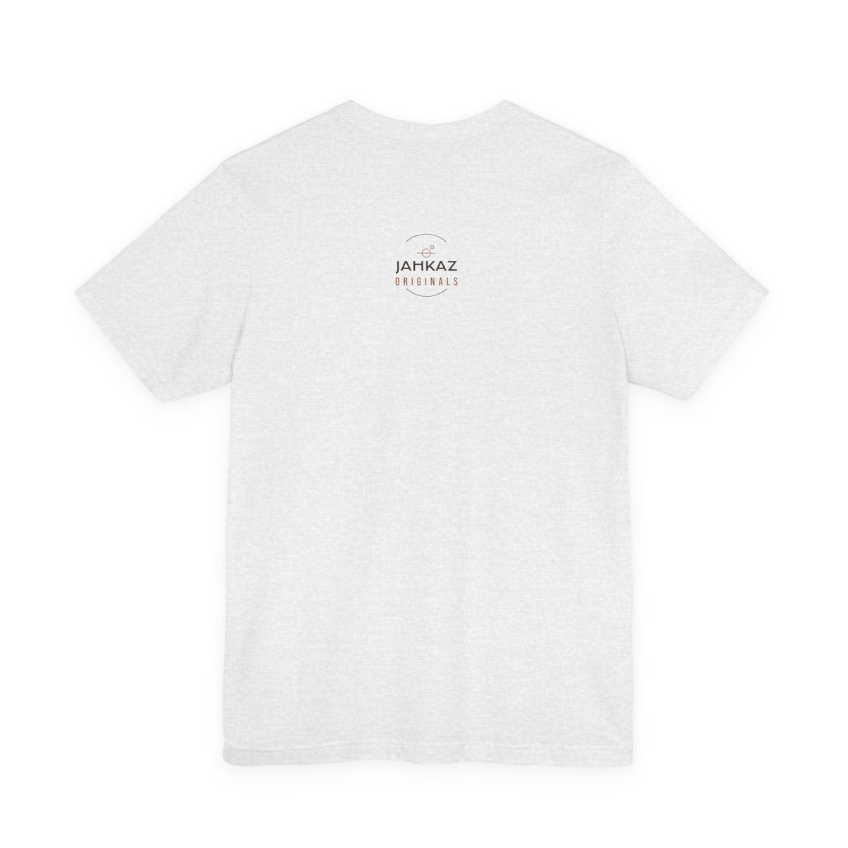 Rear of the ash “Inbox Archaeologist” tee with the Jahkaz Originals neck logo