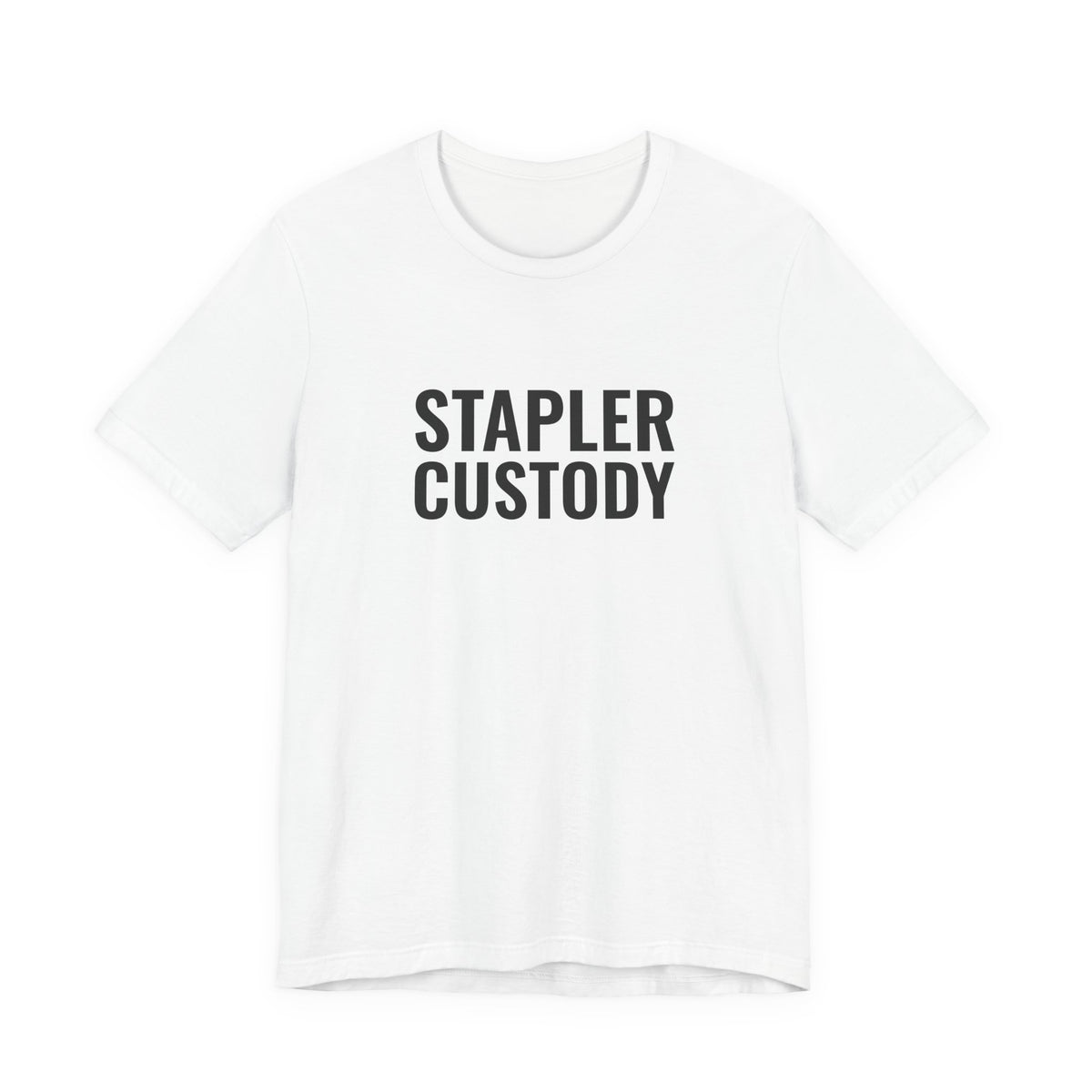 White “Stapler Custody” tee, shown from the front