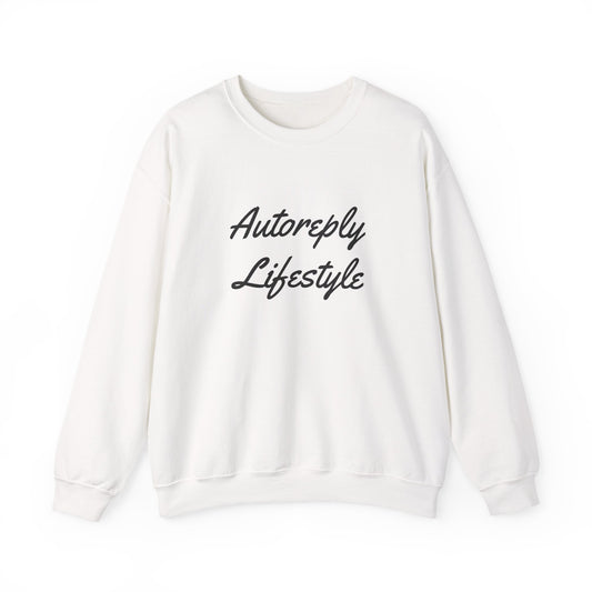 Front print on the white “Autoreply Lifestyle” crewneck sweatshirt
