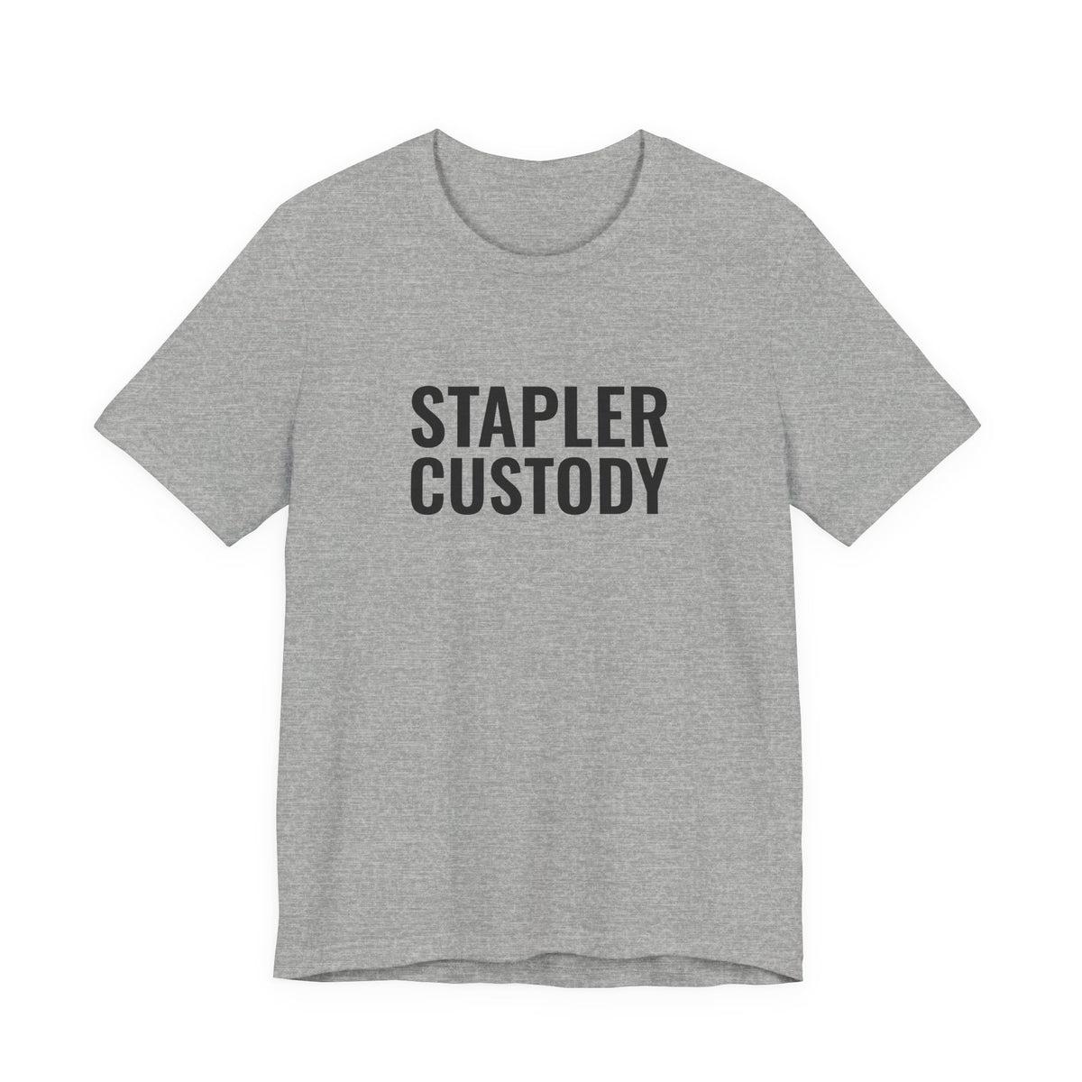 Front print on the athletic heather “Stapler Custody” tee