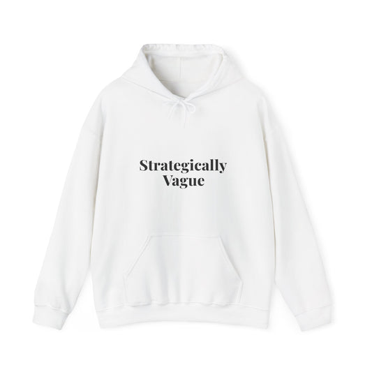 Front of the white “Strategically Vague” hoodie