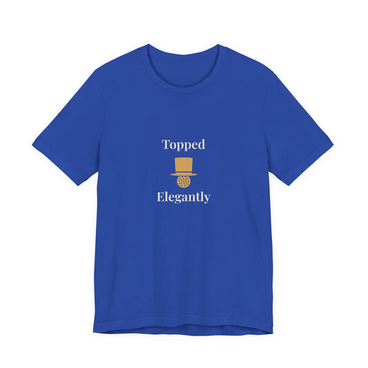 Royal blue “Topped Elegantly” golf tee, front view with the two-tone centre-chest print