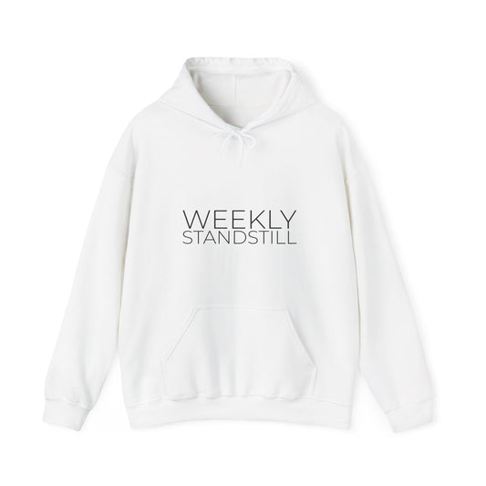 White “Weekly Standstill” hoodie, shown from the front