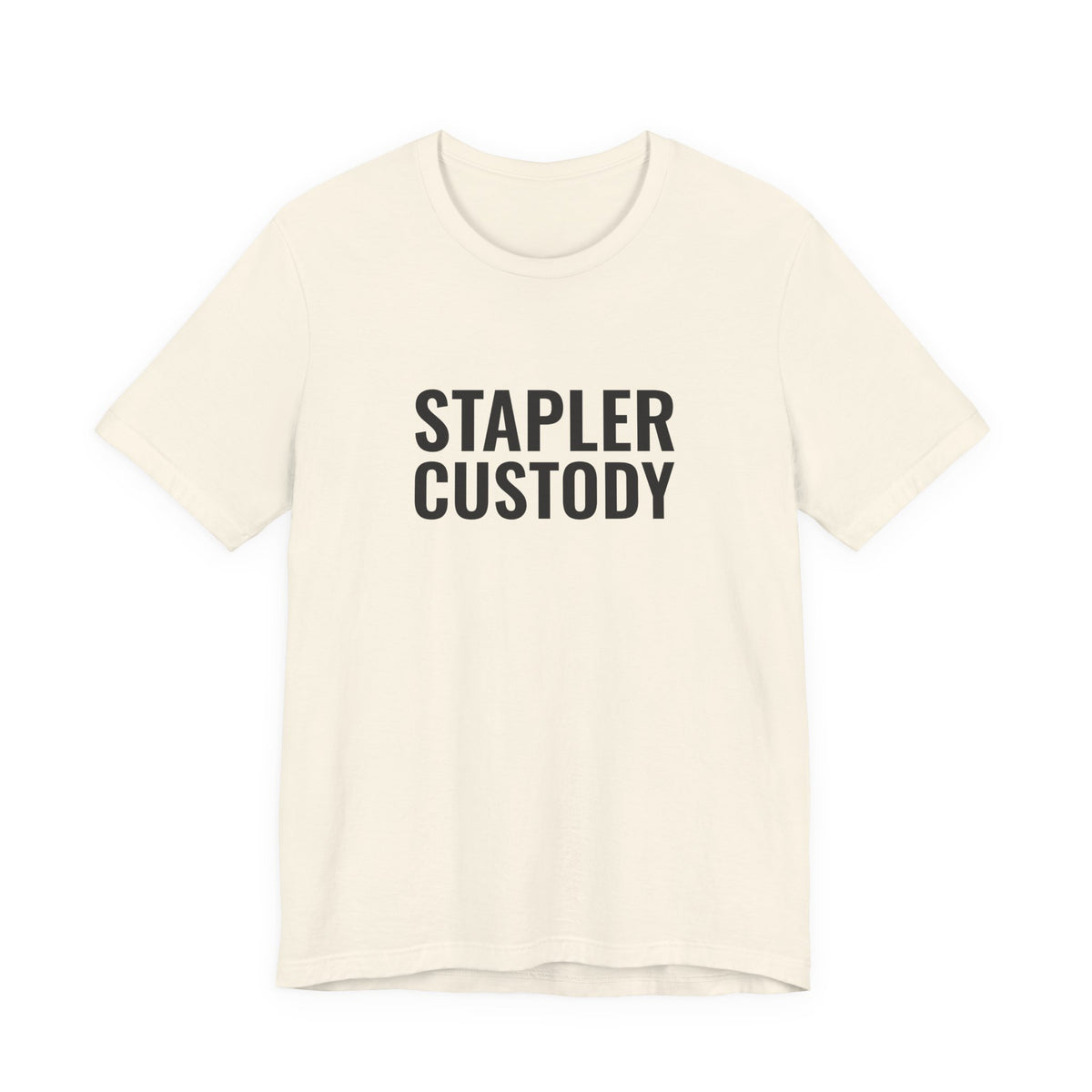 Front print on the natural “Stapler Custody” tee