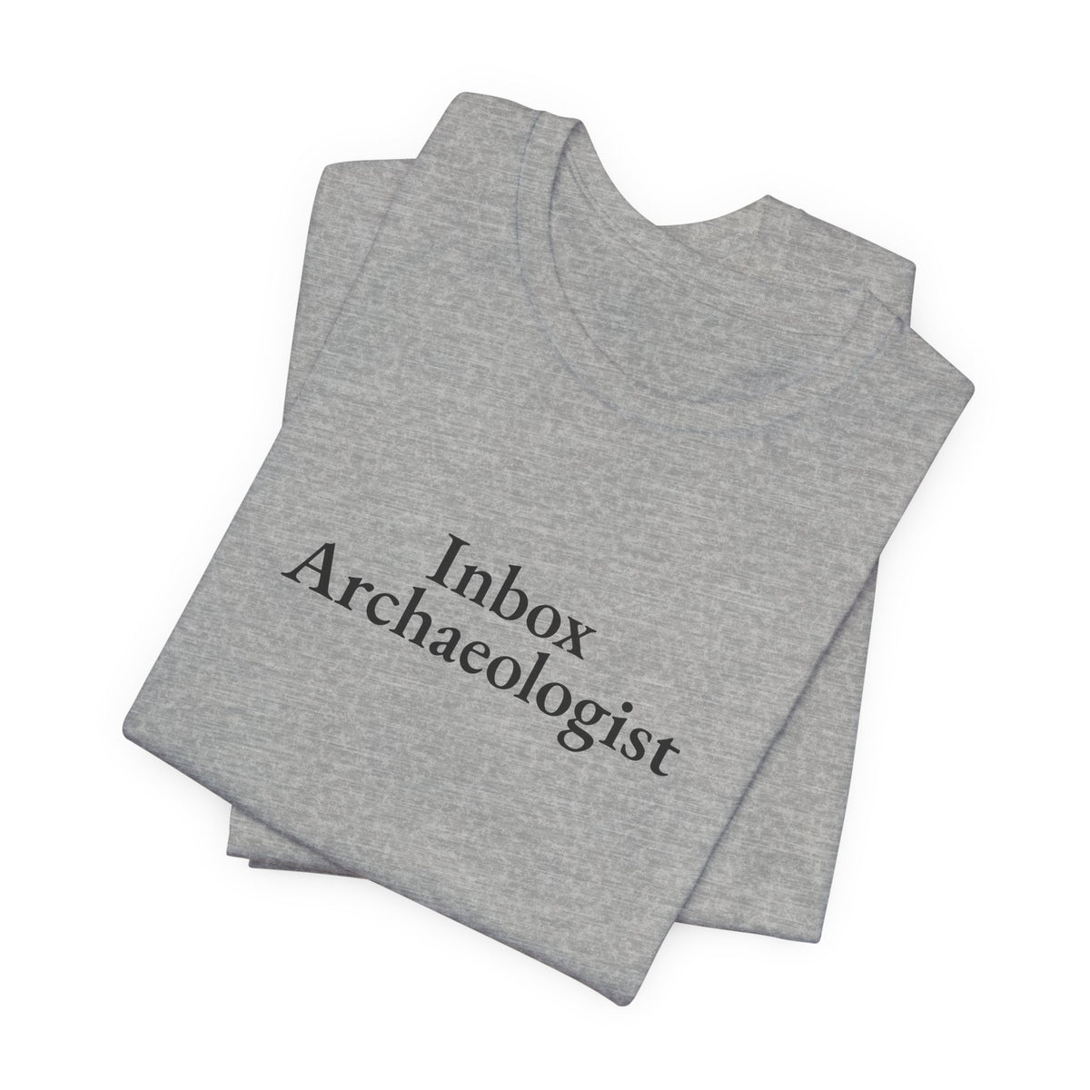 The athletic heather “Inbox Archaeologist” tee folded flat