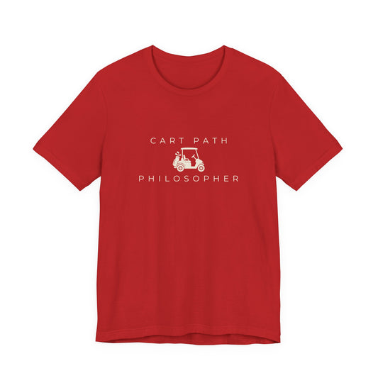 Red “Cart Path Philosopher” golf tee, front view with the large chest print